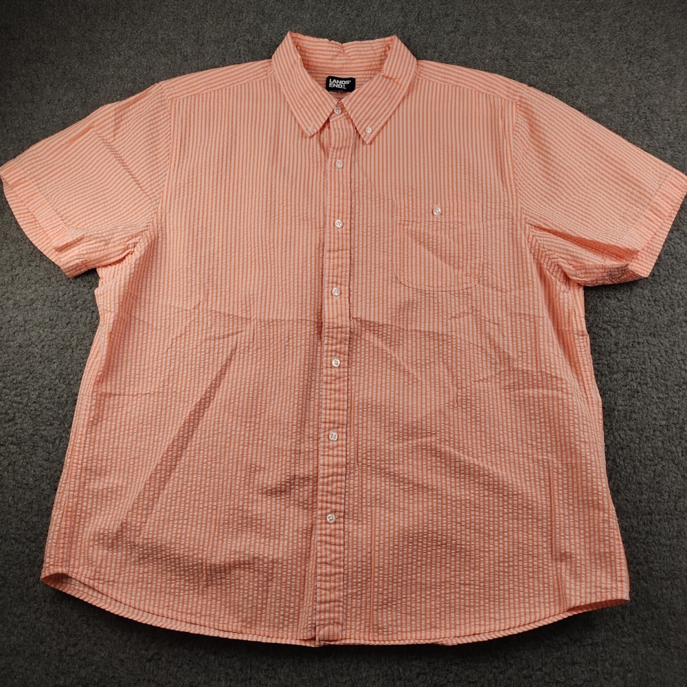 Lands End Button Down Mens 2XL XXL Seersucker Orange Striped Short Sleeve EUC